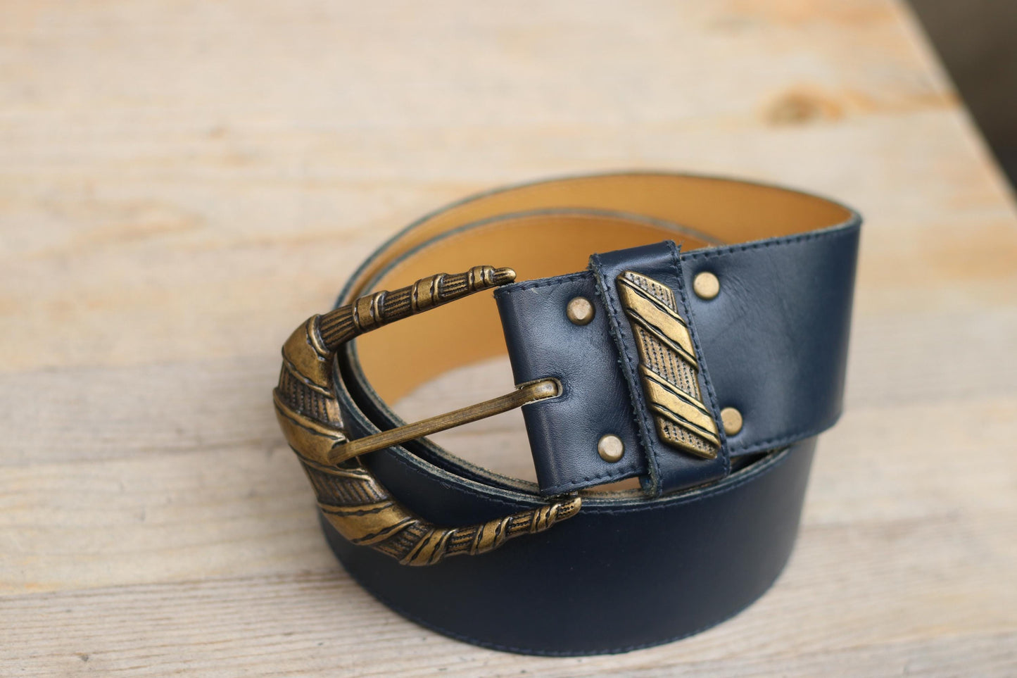 Vintage Leather Belt with Ornate Gold Buckle | Blue Wide Waist Cinch Belt | Retro Statement Accessory