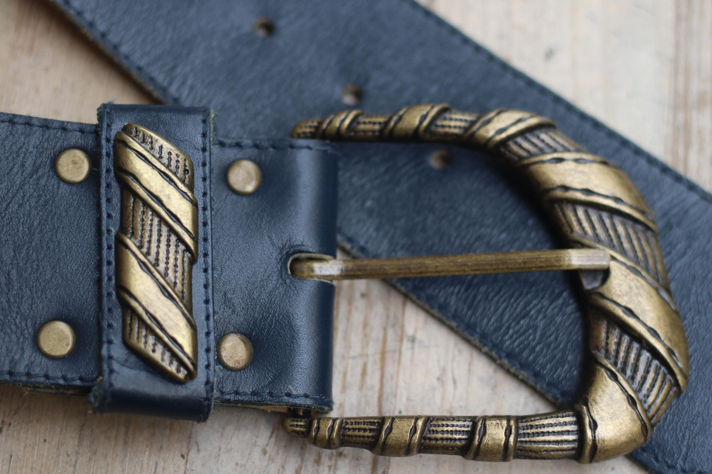 Vintage Leather Belt with Ornate Gold Buckle | Blue Wide Waist Cinch Belt | Retro Statement Accessory