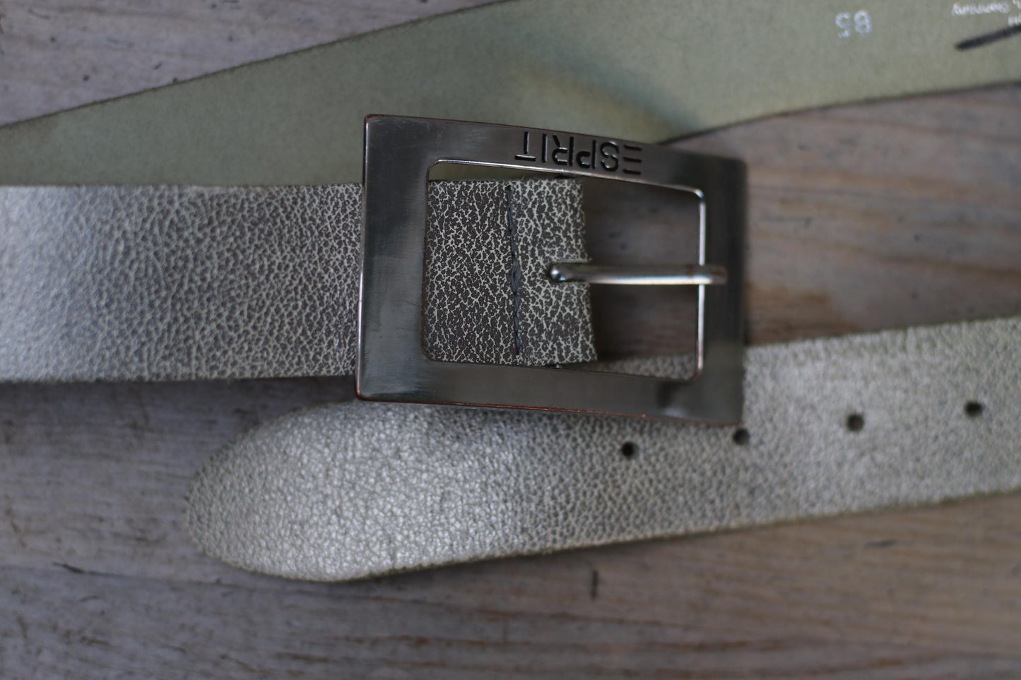 Y2K Metallic Leather Belt β Esprit Logo Buckle, Crackle Texture Silver Waist Acessory, 2000s Statement Piece