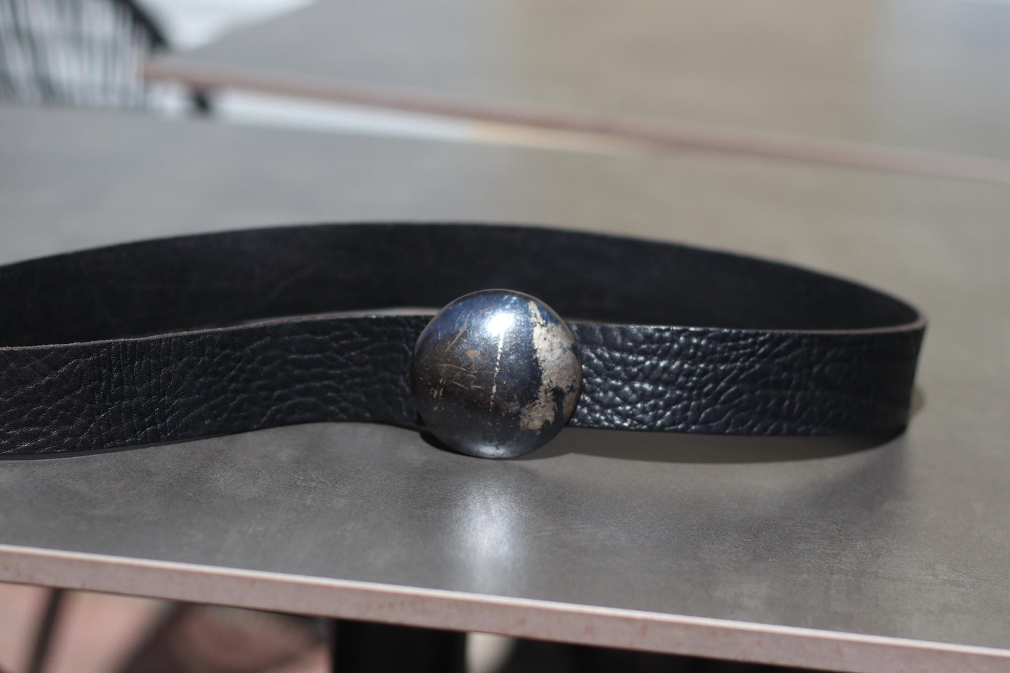 Vintage Black Leather Belt with Distressed Metal Buckle– 80s Rocker Western Biker Style – Statement Punk Grunge Accessory