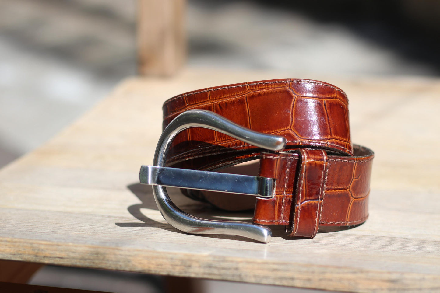 Vintage Croc-Embossed Cognac Leather Belt |