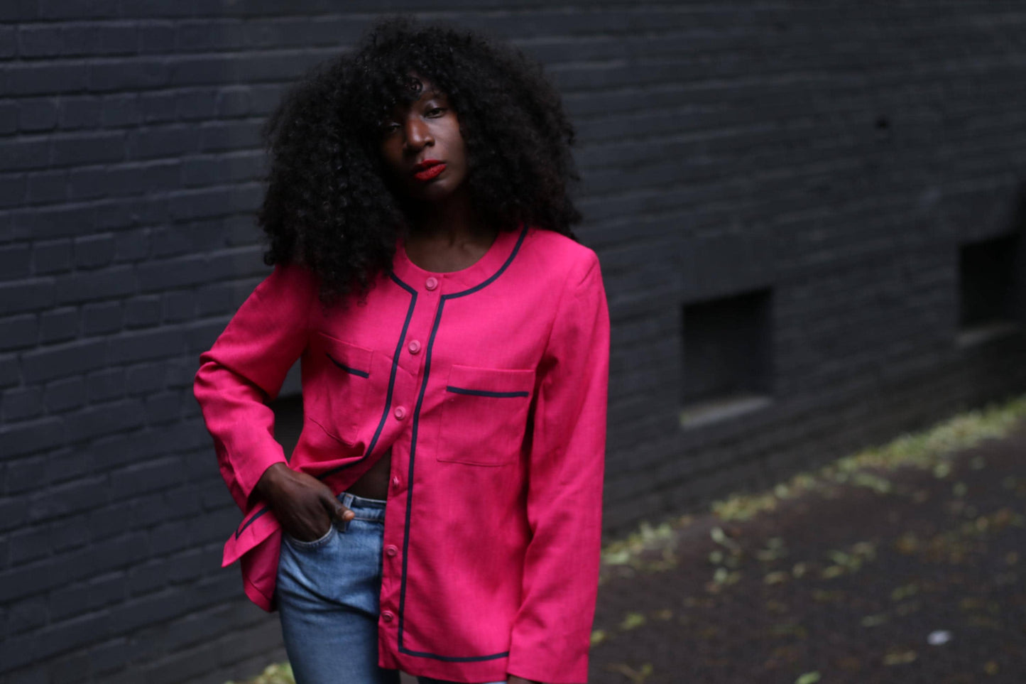 Vintage Pink Blazer 80s | Bold Raspberry Jacket | French Designer | Marcelle Griffon | Navy Trim | Tailored Coat