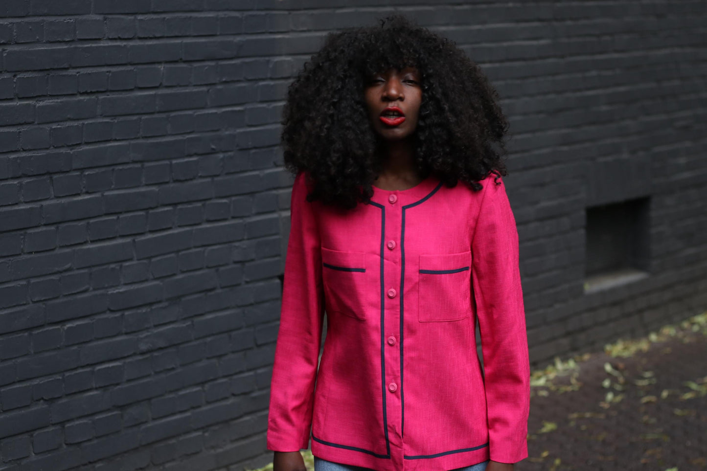 Vintage Pink Blazer 80s | Bold Raspberry Jacket | French Designer | Marcelle Griffon | Navy Trim | Tailored Coat