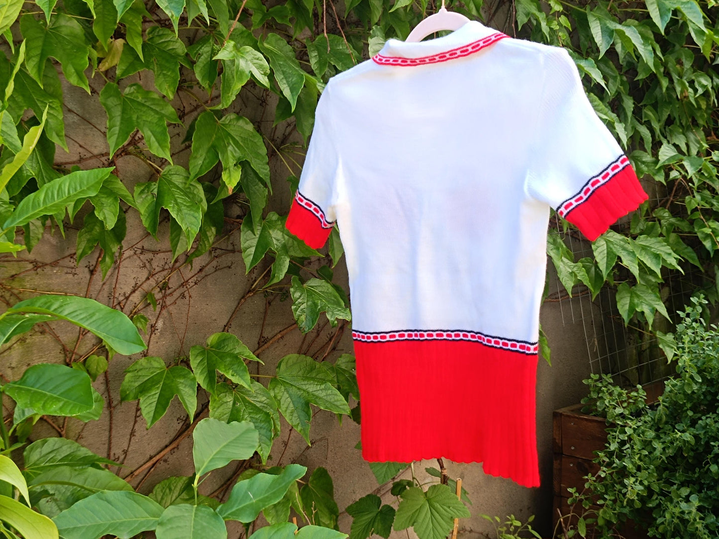 Vintage 70s Red White Polo Shirt | Embroidered Knit Top | Short Sleeve Cottagecore Blouse Floral Detail