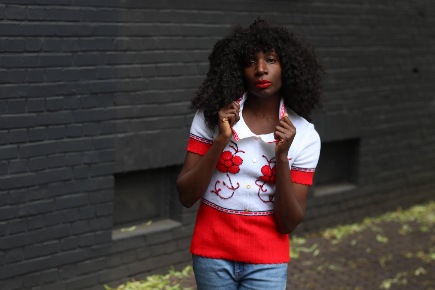 Vintage 70s Red White Polo Shirt | Embroidered Knit Top | Short Sleeve Cottagecore Blouse Floral Detail