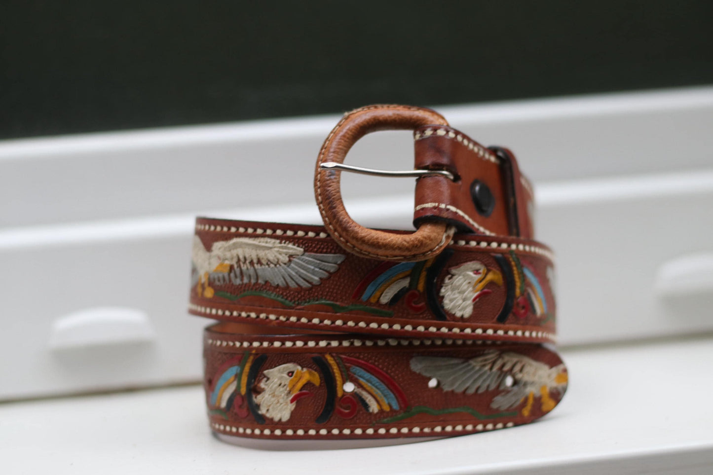 Vintage Tooled Leather Belt| Handmade Eagle Rainbow Western Belt| Brown Cowboy Belt with Colorful Detail & Carved Buckle – Boho Rodeo Style