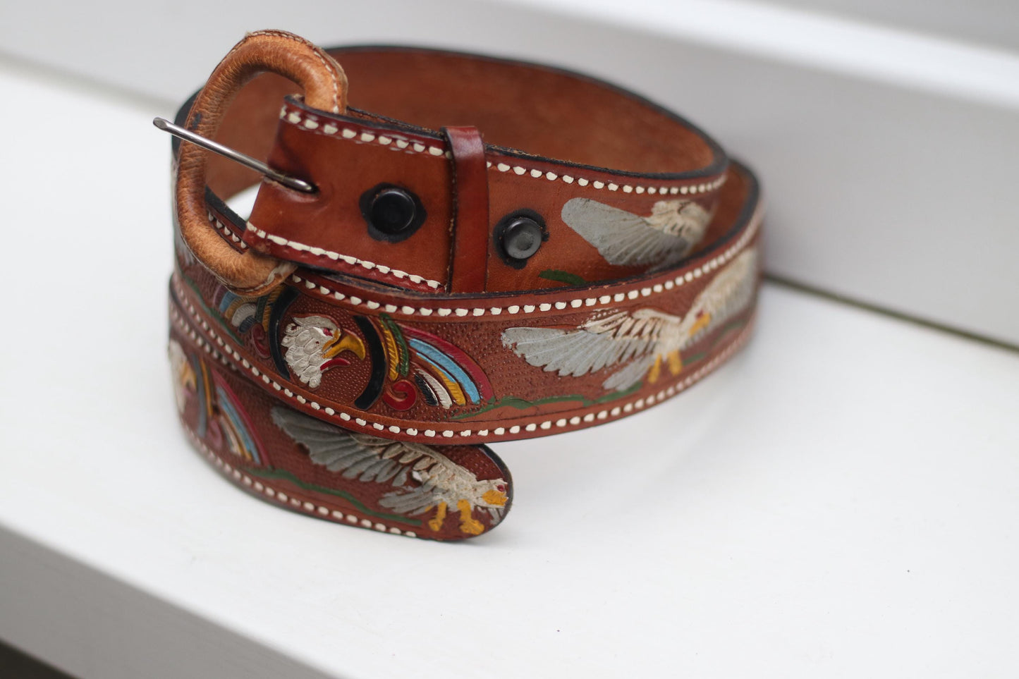 Vintage Tooled Leather Belt| Handmade Eagle Rainbow Western Belt| Brown Cowboy Belt with Colorful Detail & Carved Buckle – Boho Rodeo Style