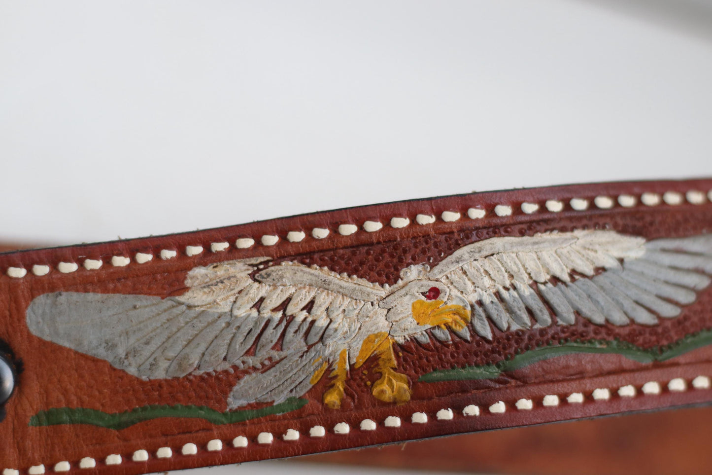 Vintage Tooled Leather Belt| Handmade Eagle Rainbow Western Belt| Brown Cowboy Belt with Colorful Detail & Carved Buckle – Boho Rodeo Style