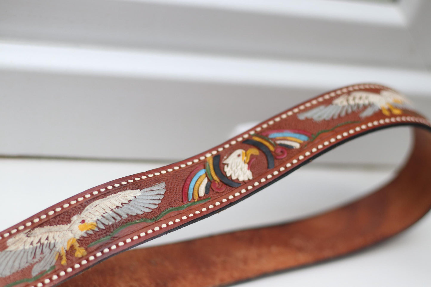 Vintage Tooled Leather Belt| Handmade Eagle Rainbow Western Belt| Brown Cowboy Belt with Colorful Detail & Carved Buckle – Boho Rodeo Style