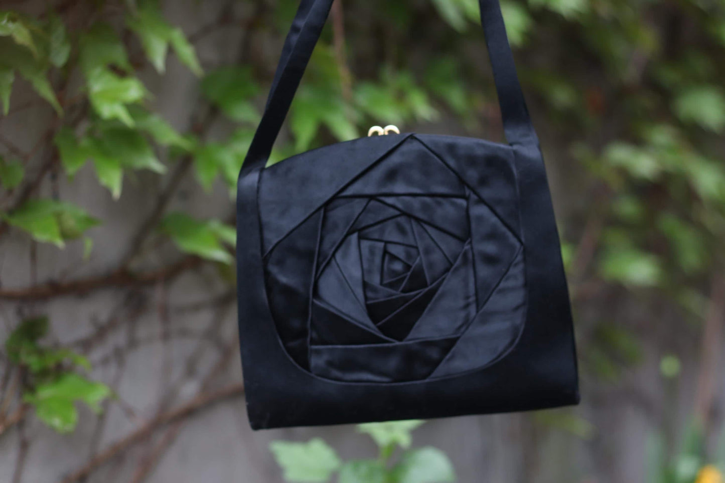 Vintage Black Avant-Garde Rose Bag | Handmade Origami Satin Shoulder Bag | Unique Evening Purse | Geometric Floral Design