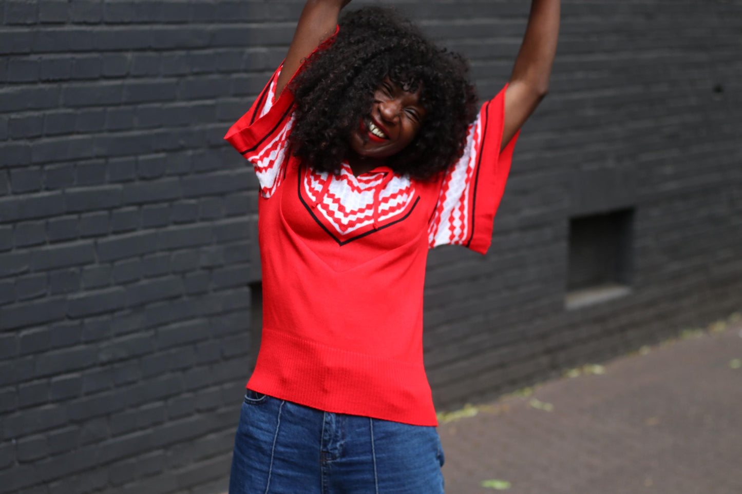 Vintage 70s Red Knit Top| Chevron V-Neck Bell Sleeve Sweater, Boho Festival Jumper, Hippie Retro Pullover, Flowy Knit Statement