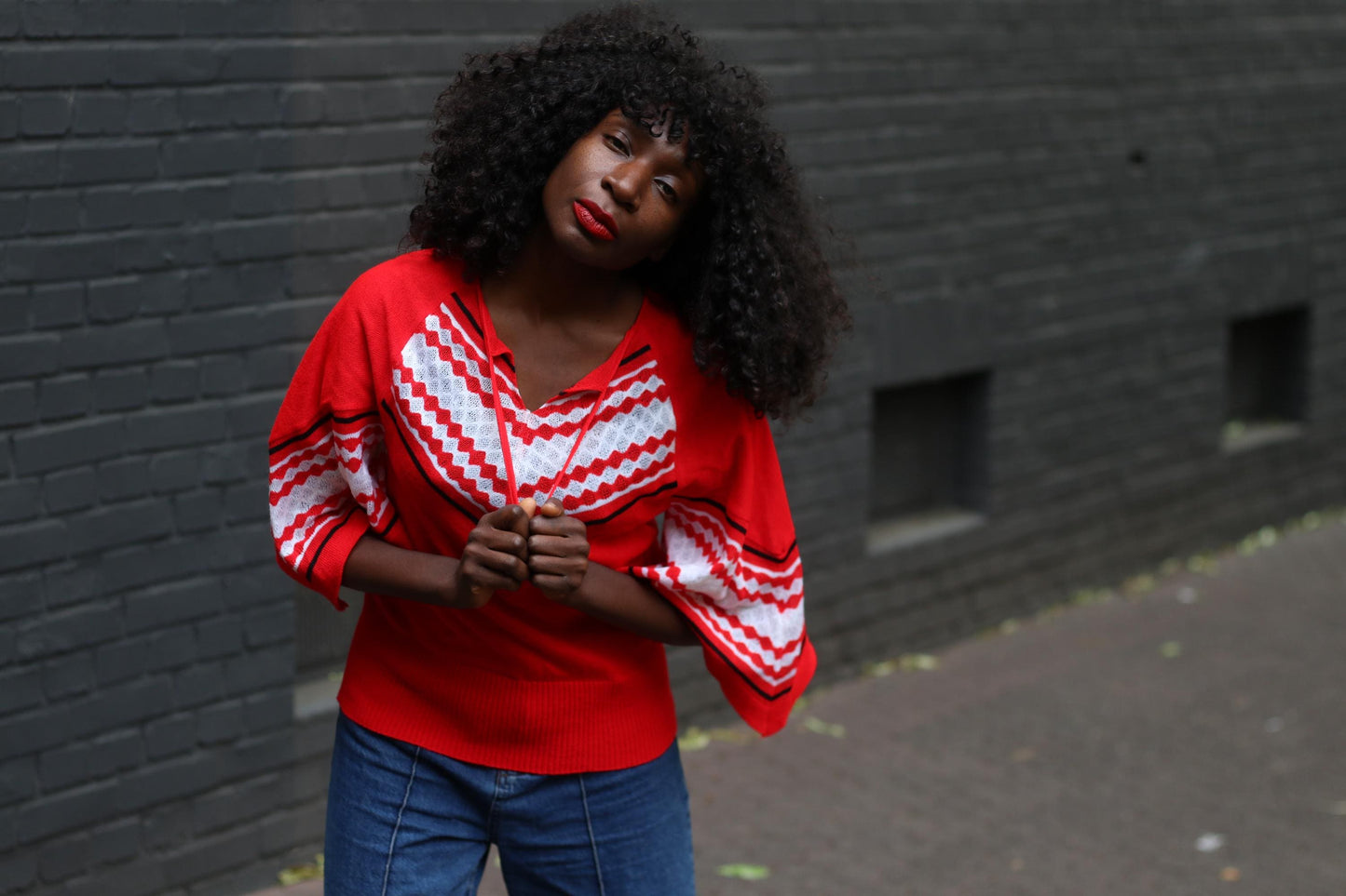 Vintage 70s Red Knit Top| Chevron V-Neck Bell Sleeve Sweater, Boho Festival Jumper, Hippie Retro Pullover, Flowy Knit Statement