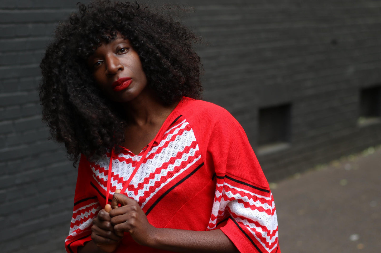 Vintage 70s Red Knit Top| Chevron V-Neck Bell Sleeve Sweater, Boho Festival Jumper, Hippie Retro Pullover, Flowy Knit Statement