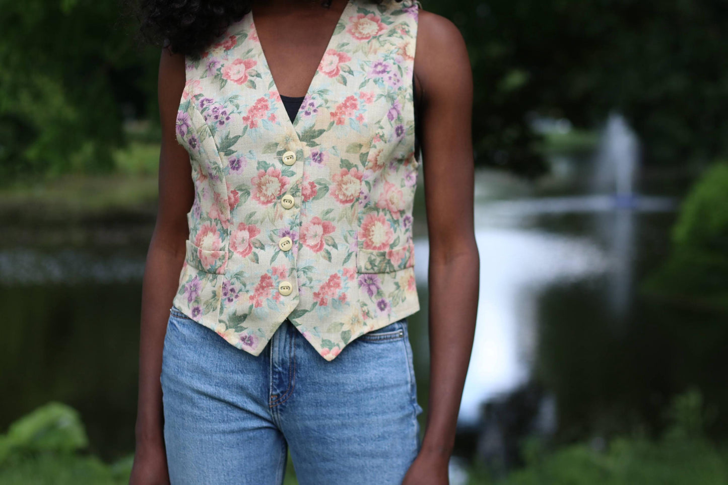 Vintage 90s Floral Vest | Tapestry Waistcoat Top | Cottagecore Granny Chic Style | Button Front Fitted Layer | Retro Festival Fashion