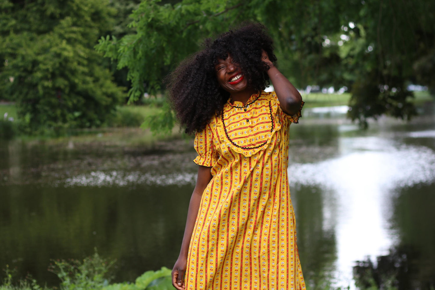 Vintage 70s Prairie Dress β Yellow Floral Stripe Ruffle Collar Dress, Cottagecore Picnic Dress, Puff Sleeve Summer Midi, Boho Folk Style
