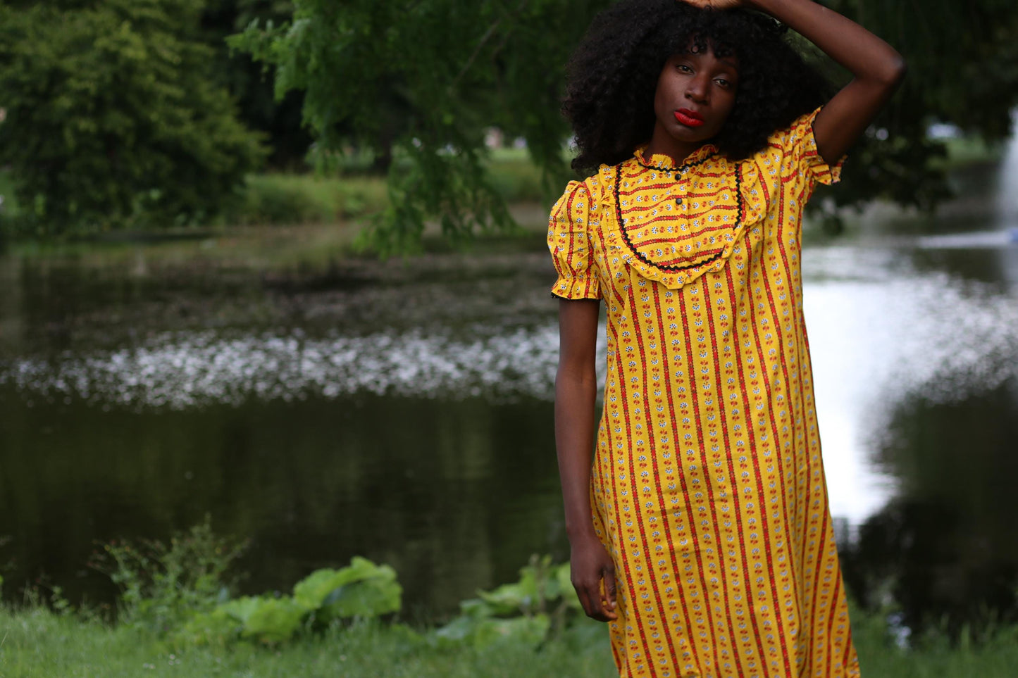 Vintage 70s Prairie Dress β Yellow Floral Stripe Ruffle Collar Dress, Cottagecore Picnic Dress, Puff Sleeve Summer Midi, Boho Folk Style