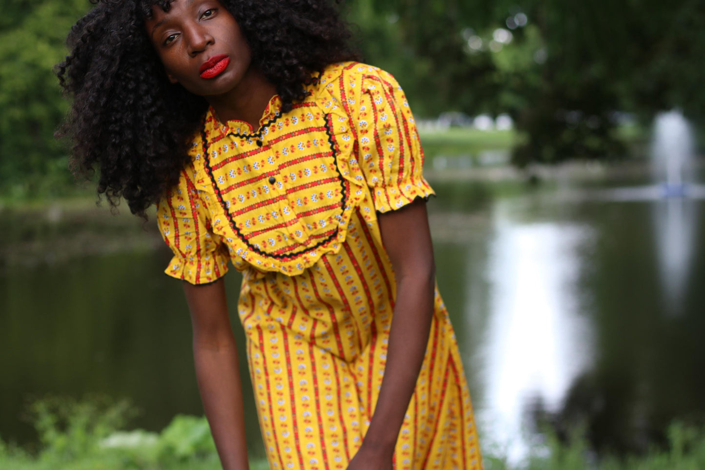 Vintage 70s Prairie Dress β Yellow Floral Stripe Ruffle Collar Dress, Cottagecore Picnic Dress, Puff Sleeve Summer Midi, Boho Folk Style