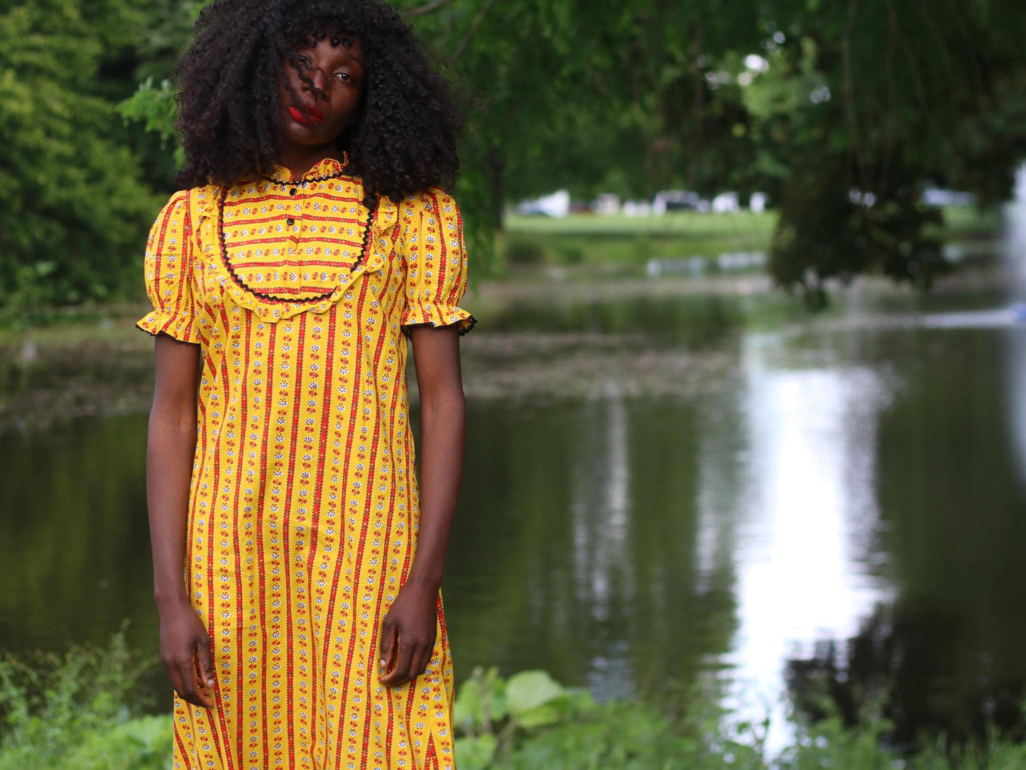 Vintage 70s Prairie Dress β Yellow Floral Stripe Ruffle Collar Dress, Cottagecore Picnic Dress, Puff Sleeve Summer Midi, Boho Folk Style
