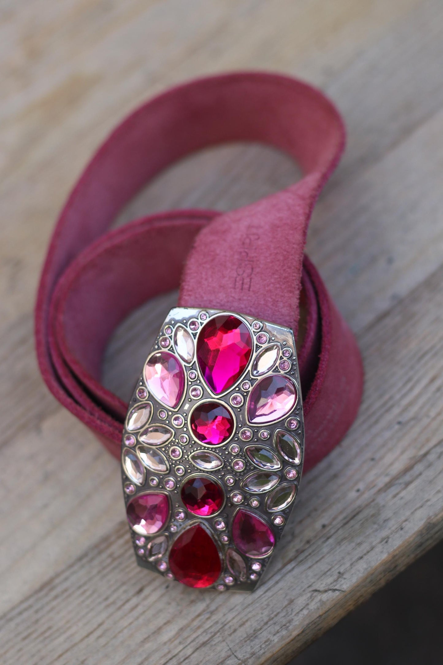 Vintage Pink Suede Esprit Belt | Y2K Statement Gem Buckle | Magenta Leather Waist Belt | Made in Italy | 2000s Glam Accessory