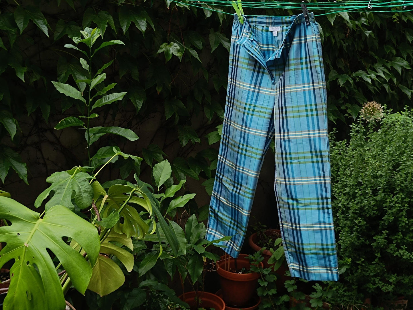 Vintage Silk Pants| Retro 90s Blue Green Cropped Wide Leg Trousers| Preppy Comfortable High Waisted Summer Peter Hahn Capris
