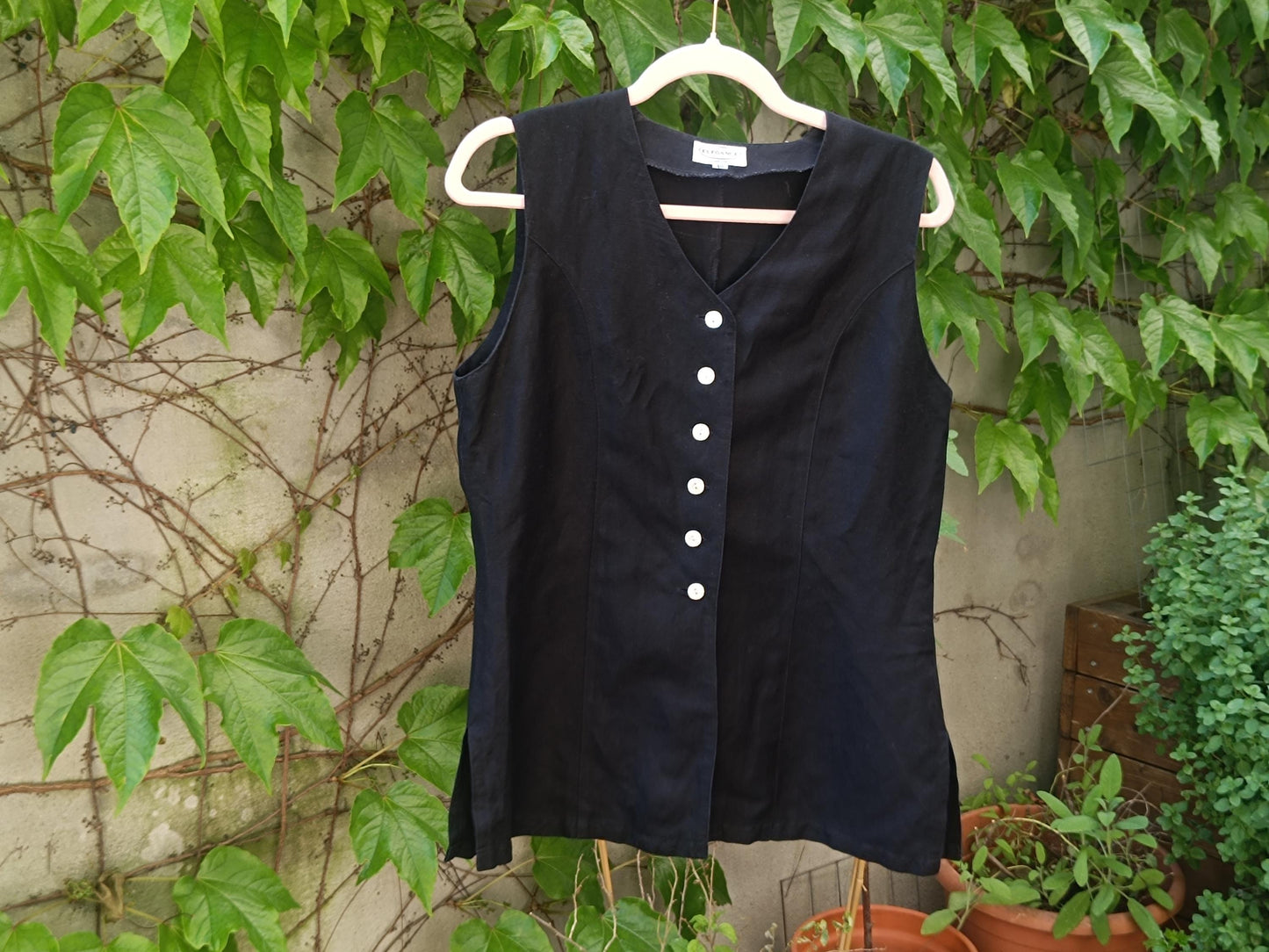 Vintage Black Linen Blend Vest Top | Minimalist Sleeveless Button Down | Linen Shirt Women | Summer Layering Staple | XS S M