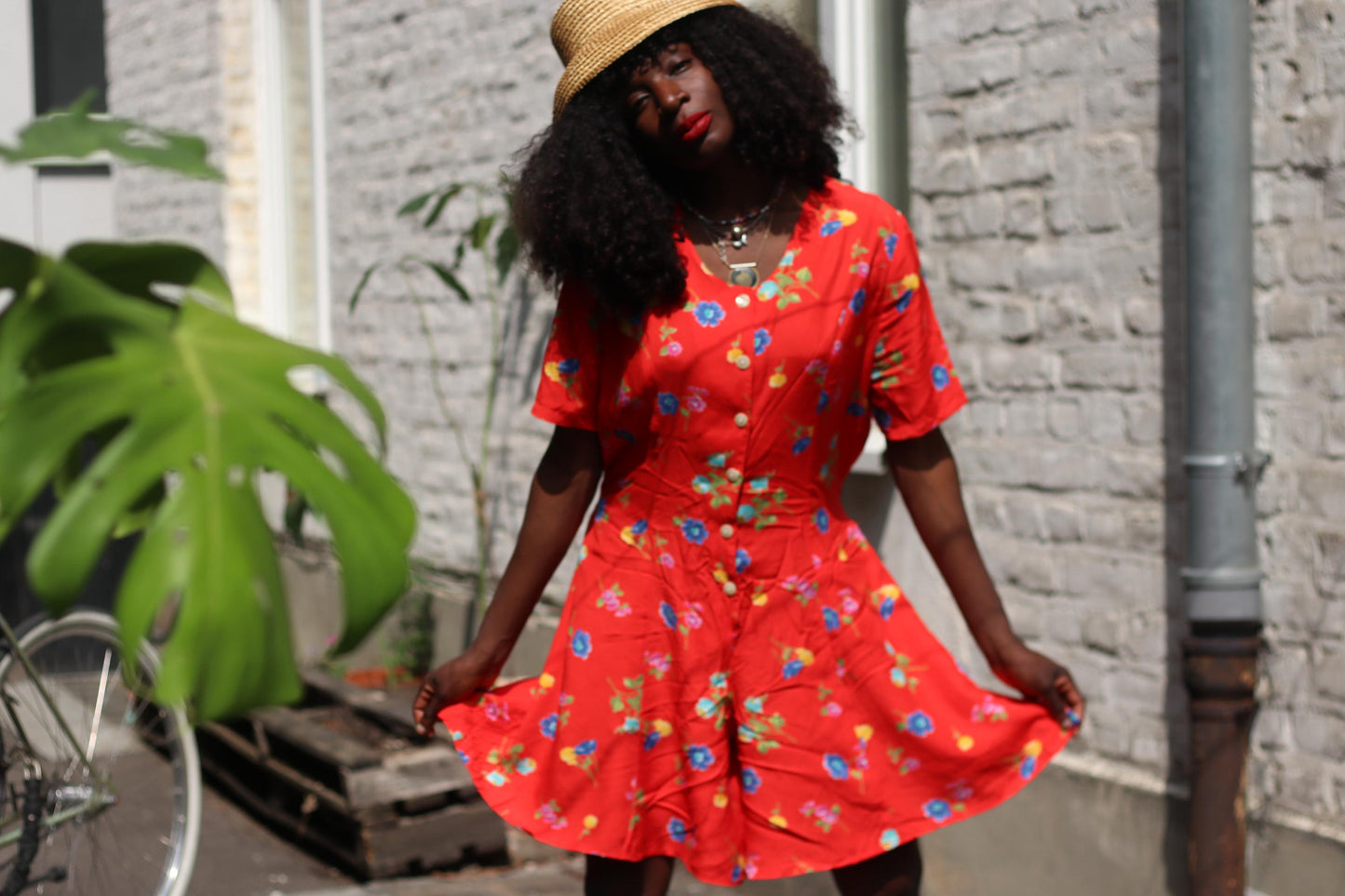 80s Vintage Red Floral Playsuit – Short Sleeve Romper with Button Front, Retro Festival Outfit, Summer One Piece