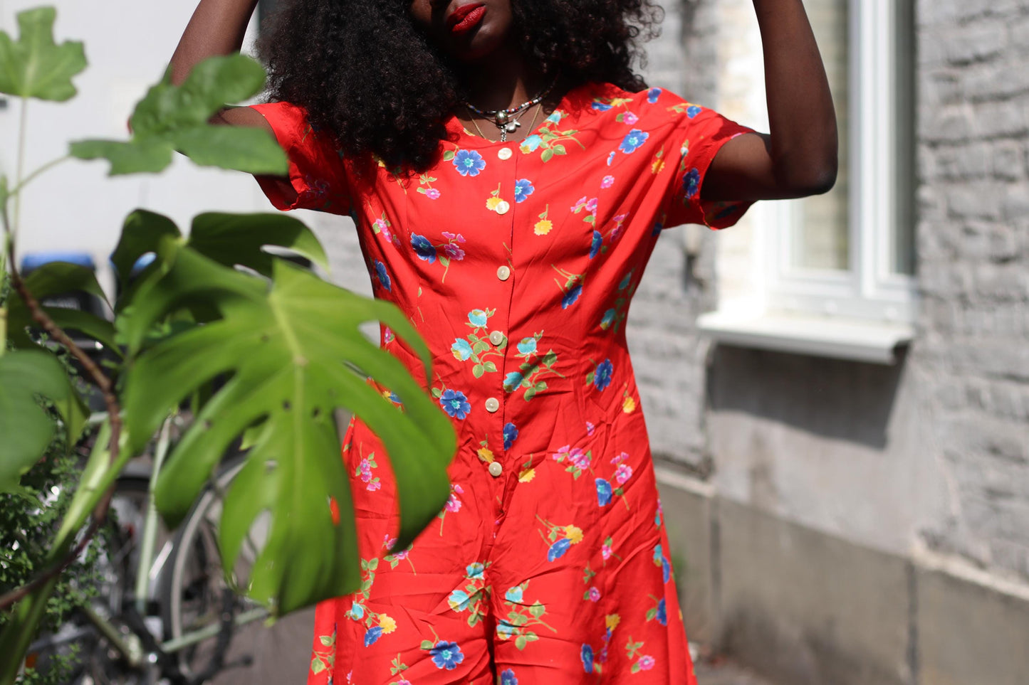80s Vintage Red Floral Playsuit – Short Sleeve Romper with Button Front, Retro Festival Outfit, Summer One Piece