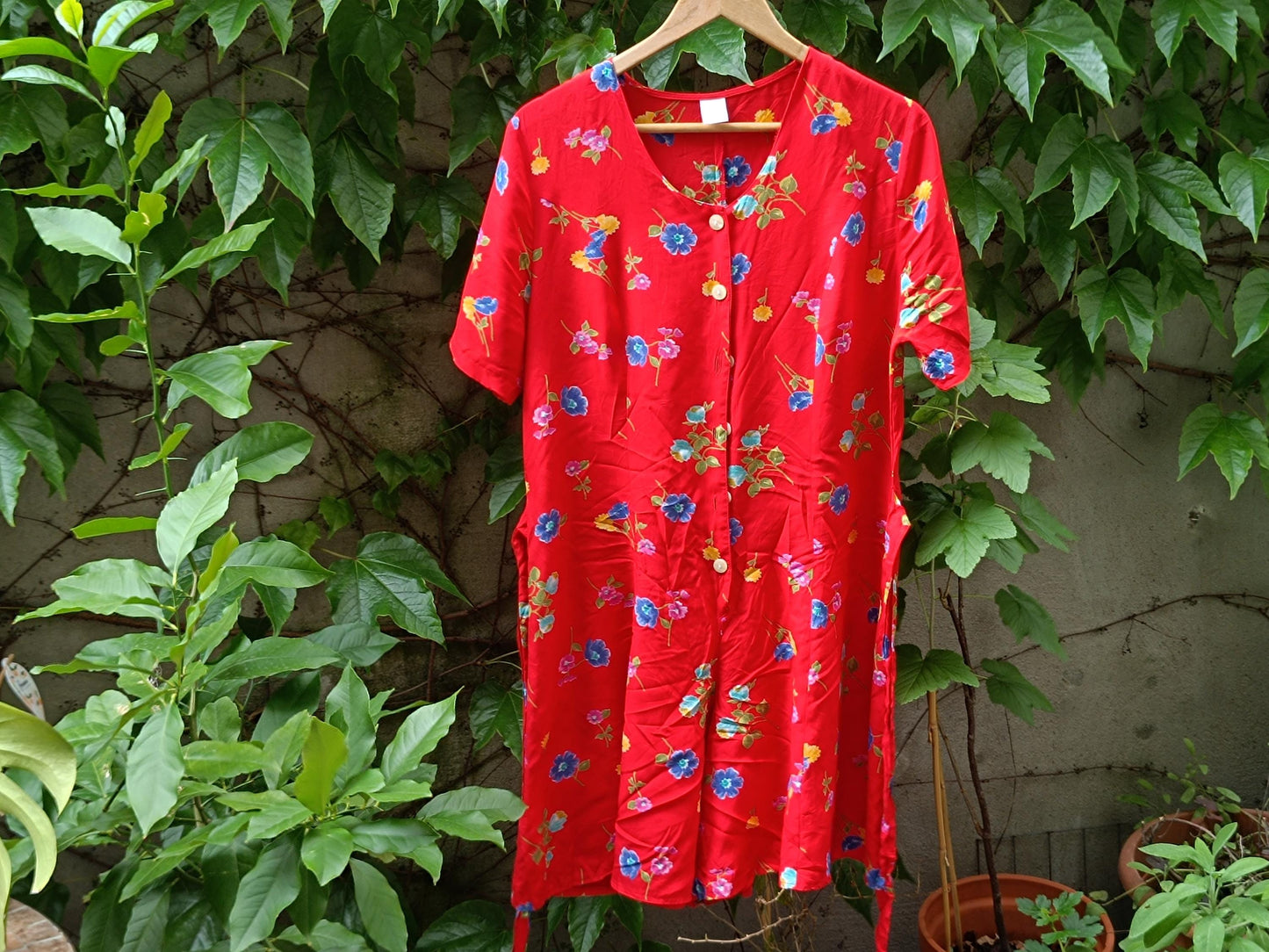 80s Vintage Red Floral Playsuit – Short Sleeve Romper with Button Front, Retro Festival Outfit, Summer One Piece