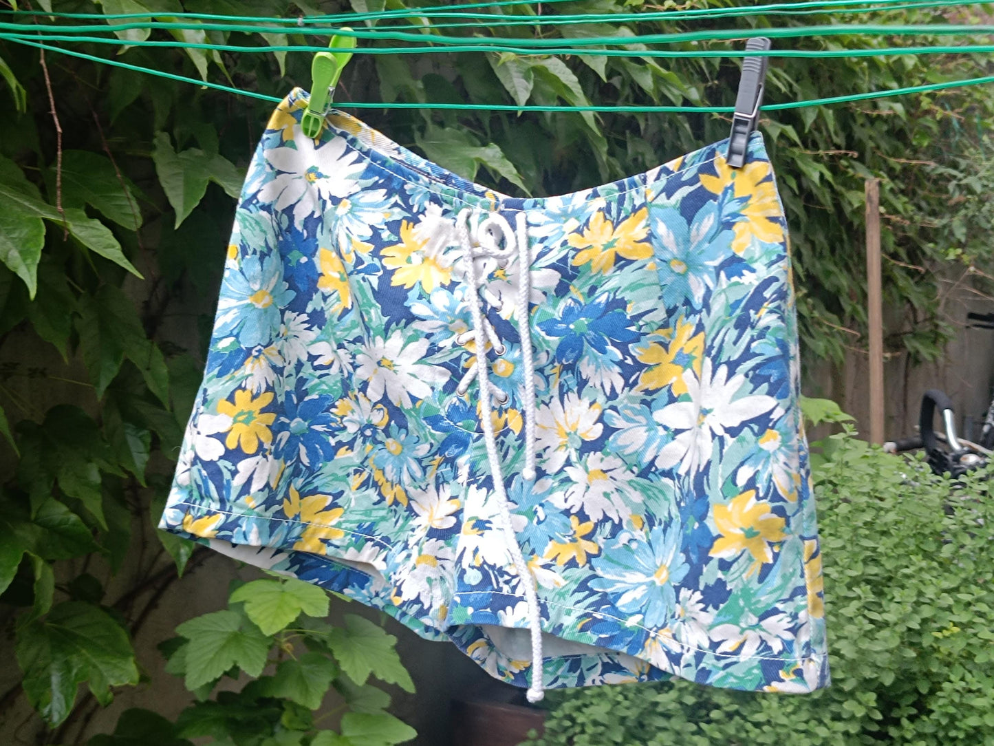 Vintage 90s Floral Shorts | High Waist Cotton Summer Shorts | Drawstring Waist | Blue Yellow Flower Print