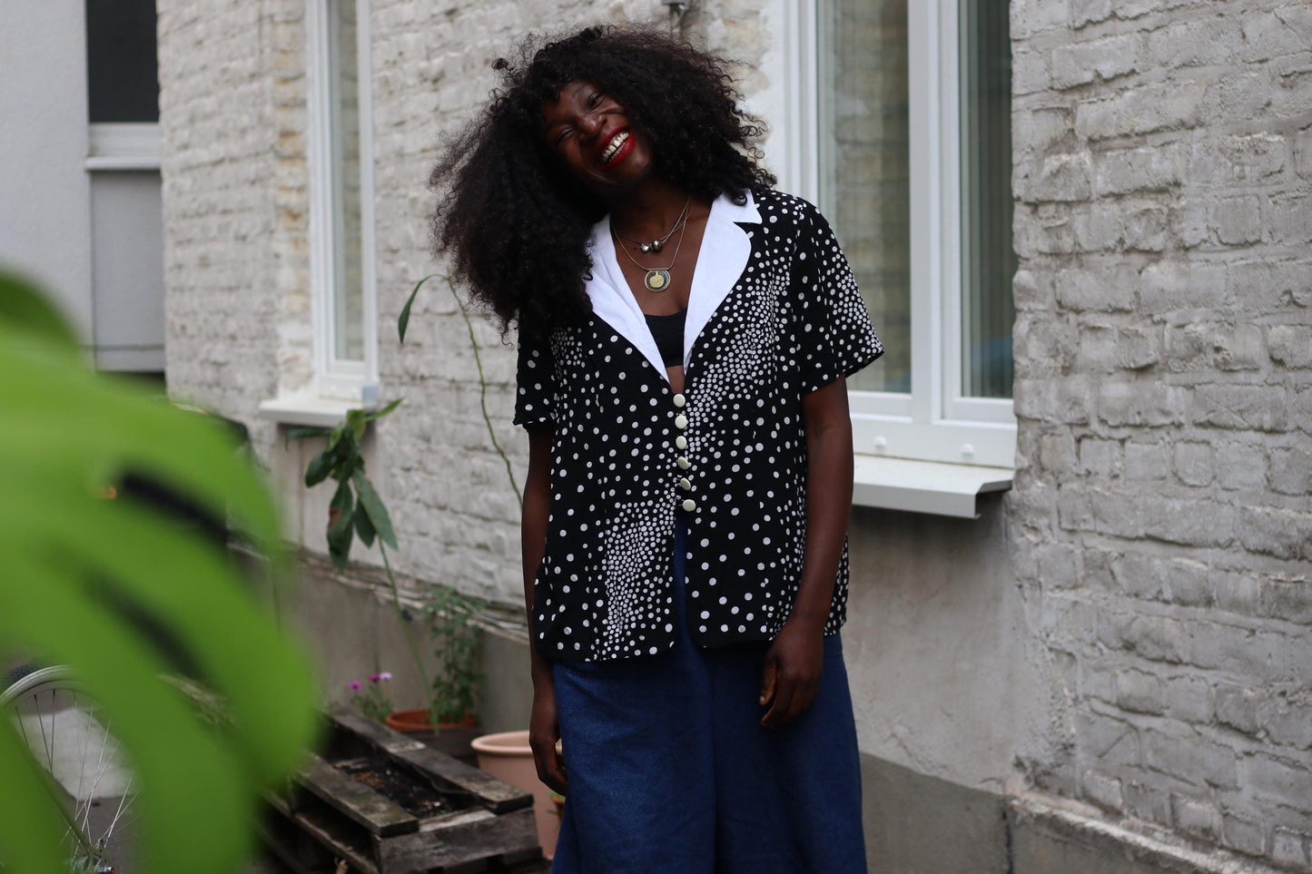 Vintage Polka Dot Blouse | 90s Black White Short Sleeve Shirt | Retro Collar Print Top | Unisex Minimalist Button-Up | Size M
