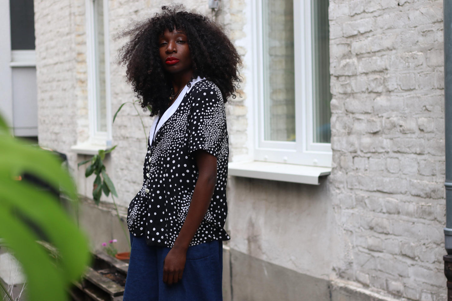 Vintage Polka Dot Blouse | 90s Black White Short Sleeve Shirt | Retro Collar Print Top | Unisex Minimalist Button-Up | Size M