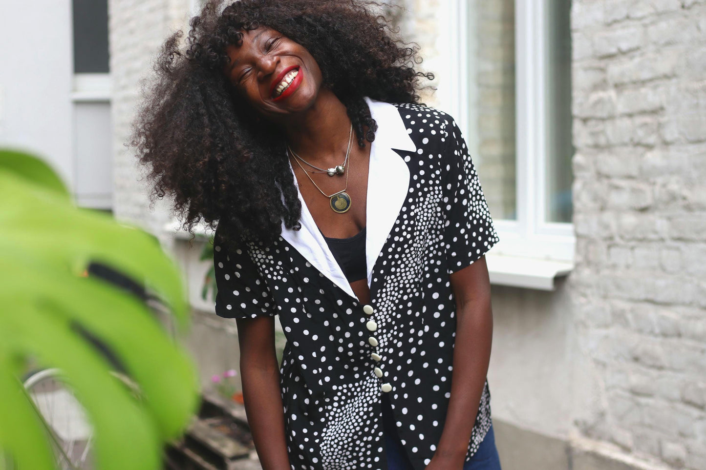 Vintage Polka Dot Blouse | 90s Black White Short Sleeve Shirt | Retro Collar Print Top | Unisex Minimalist Button-Up | Size M