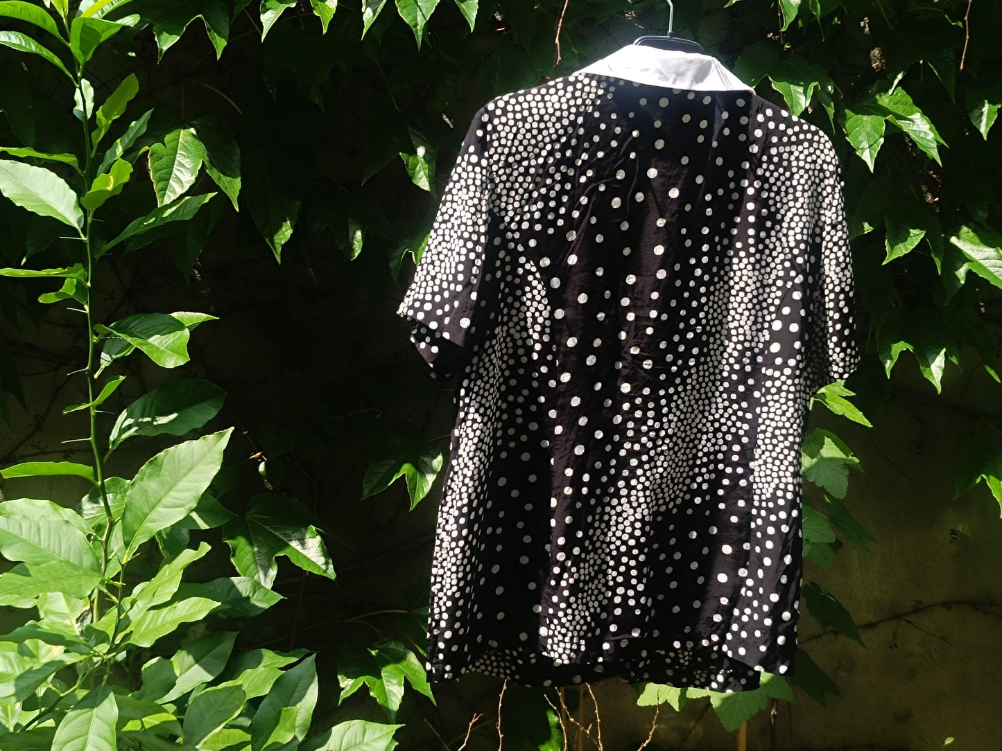 Vintage Polka Dot Blouse | 90s Black White Short Sleeve Shirt | Retro Collar Print Top | Unisex Minimalist Button-Up | Size M