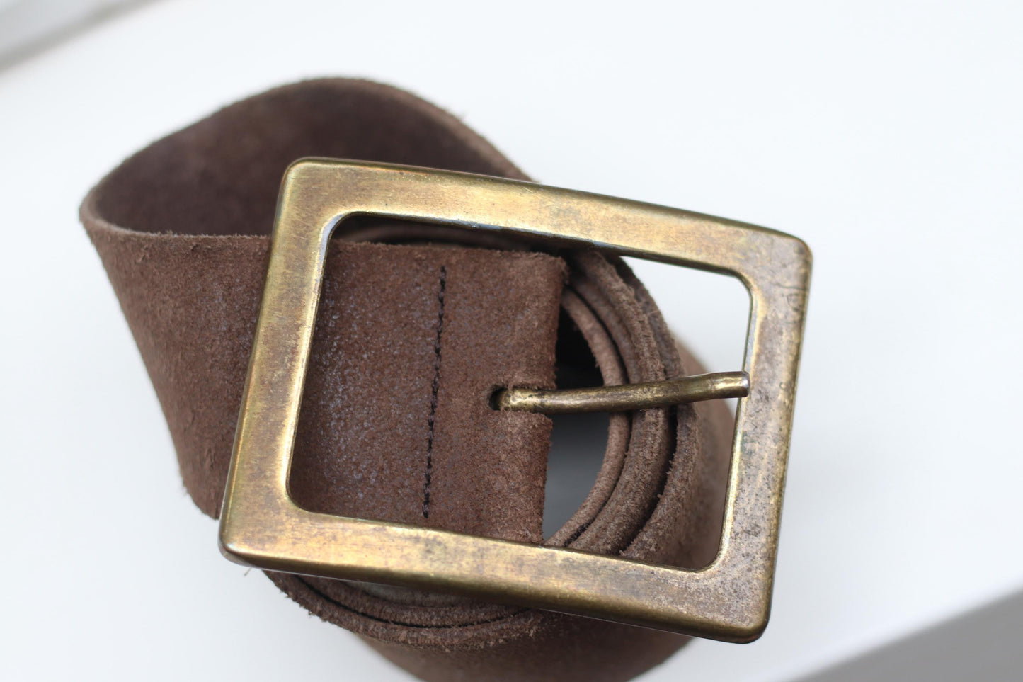 Vintage Brown Suede Belt | Wide Leather Waist Belt with Gold Square Buckle | 70s Western Boho Style |