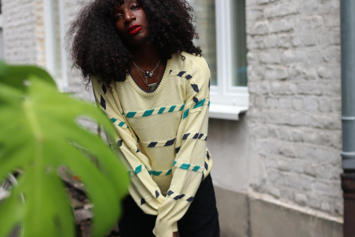 Vintage 90s Oversized Pastel Yellow Sweater, Teal & Navy Geometric Stripe Knit, Cozy Cottagecore Academia Aesthetic