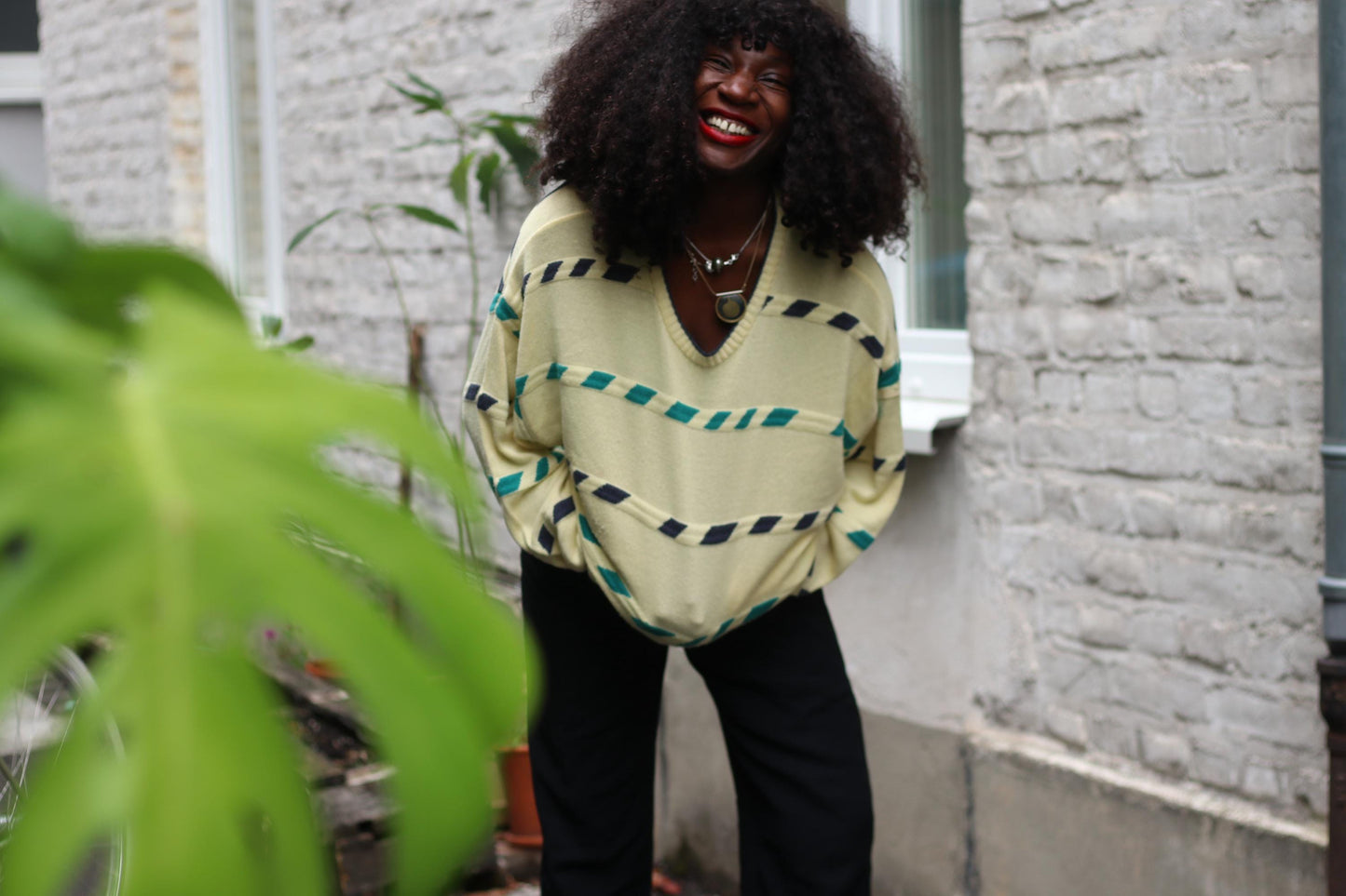 Vintage 90s Oversized Pastel Yellow Sweater, Teal & Navy Geometric Stripe Knit, Cozy Cottagecore Academia Aesthetic