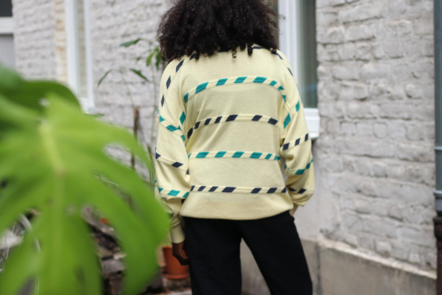 Vintage 90s Oversized Pastel Yellow Sweater, Teal & Navy Geometric Stripe Knit, Cozy Cottagecore Academia Aesthetic