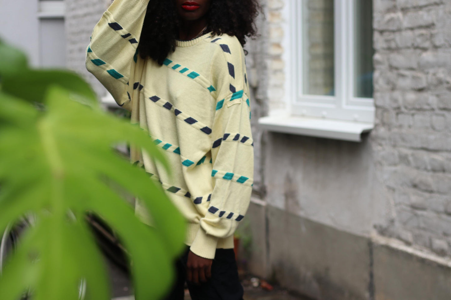 Vintage 90s Oversized Pastel Yellow Sweater, Teal & Navy Geometric Stripe Knit, Cozy Cottagecore Academia Aesthetic