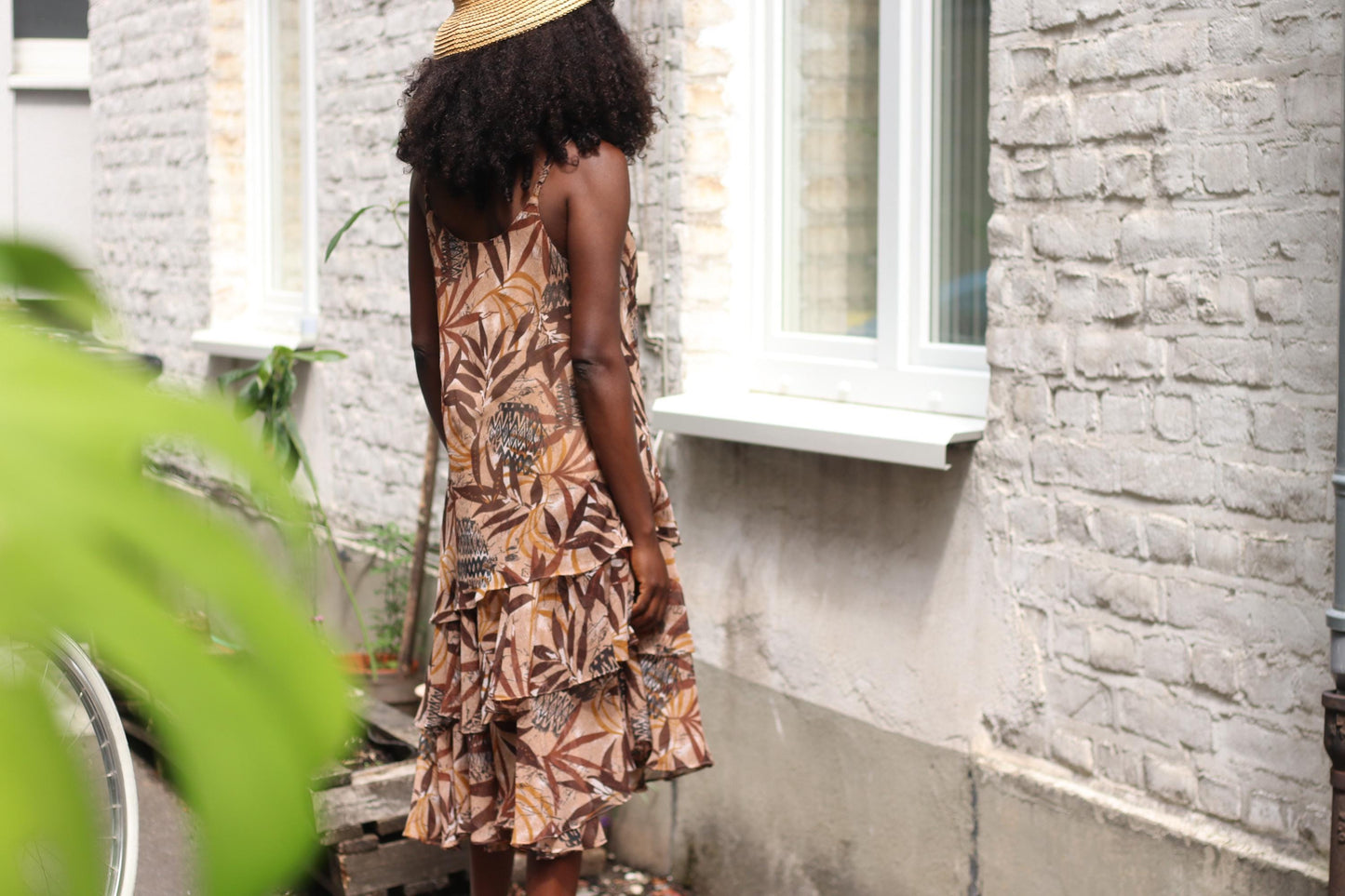Vintage 90s Ruffle Slip Dress | Tropical Print Midi | Boho Sheer Layers | Earth Tones Festival Dress | Adjustable Straps | Size M/L