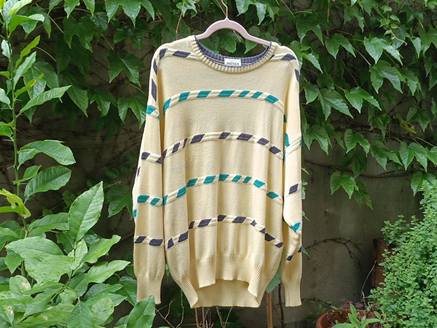 Vintage 90s Oversized Pastel Yellow Sweater, Teal & Navy Geometric Stripe Knit, Cozy Cottagecore Academia Aesthetic