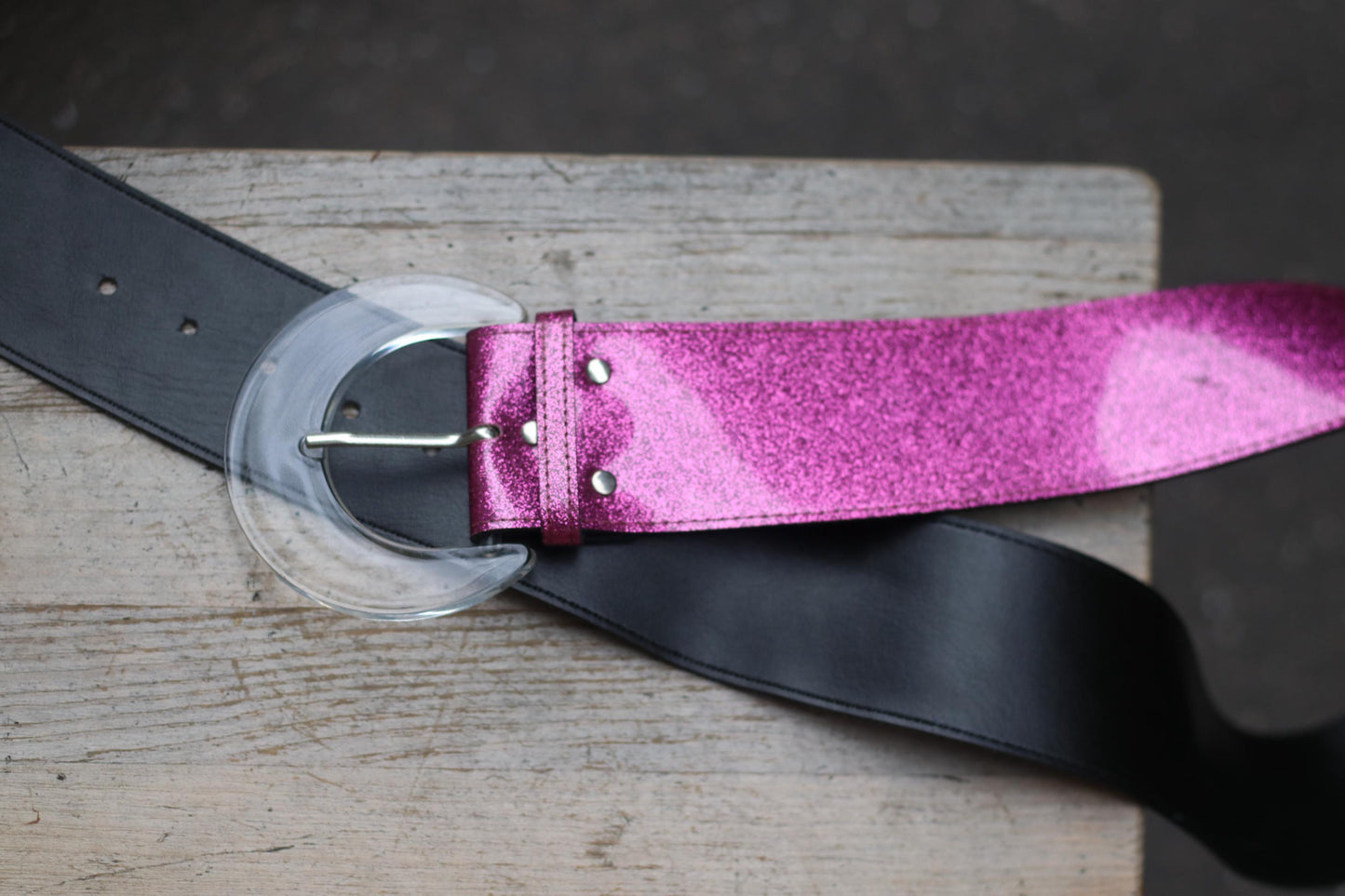 Y2K Magenta Glitter Belt, Wide Black Leather, Clear Half-Moon Buckle, Early 2000s Statement Accessory, Party Festival