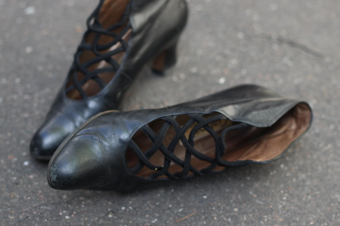 Victorian Style Leather Shoe Boots | Black Criss Cross Heels | Vintage 90s Gabor Shoes UK 5.5