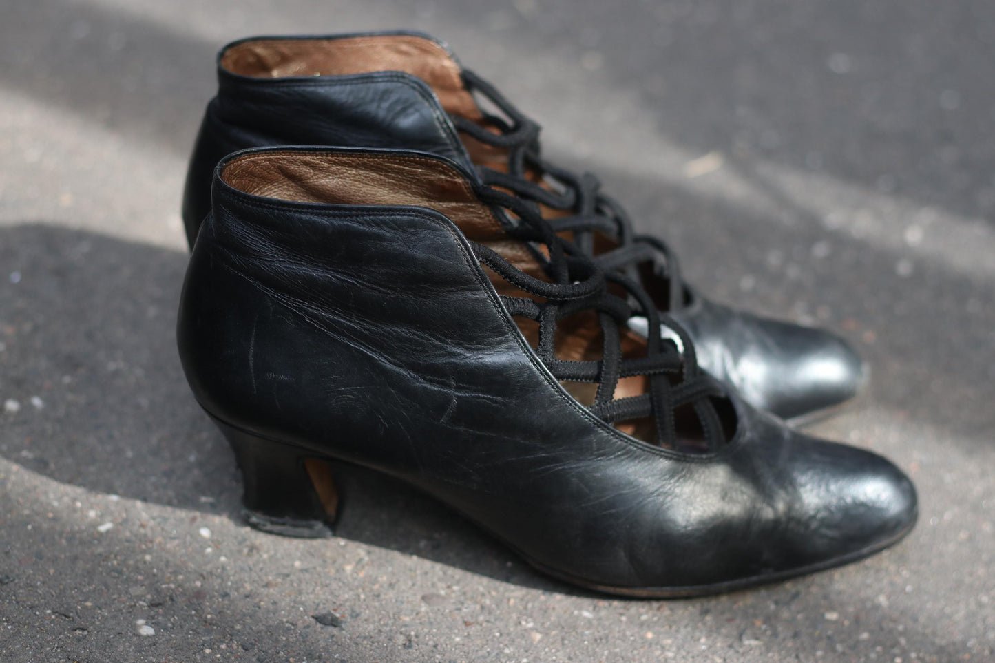 Victorian Style Leather Shoe Boots | Black Criss Cross Heels | Vintage 90s Gabor Shoes UK 5.5