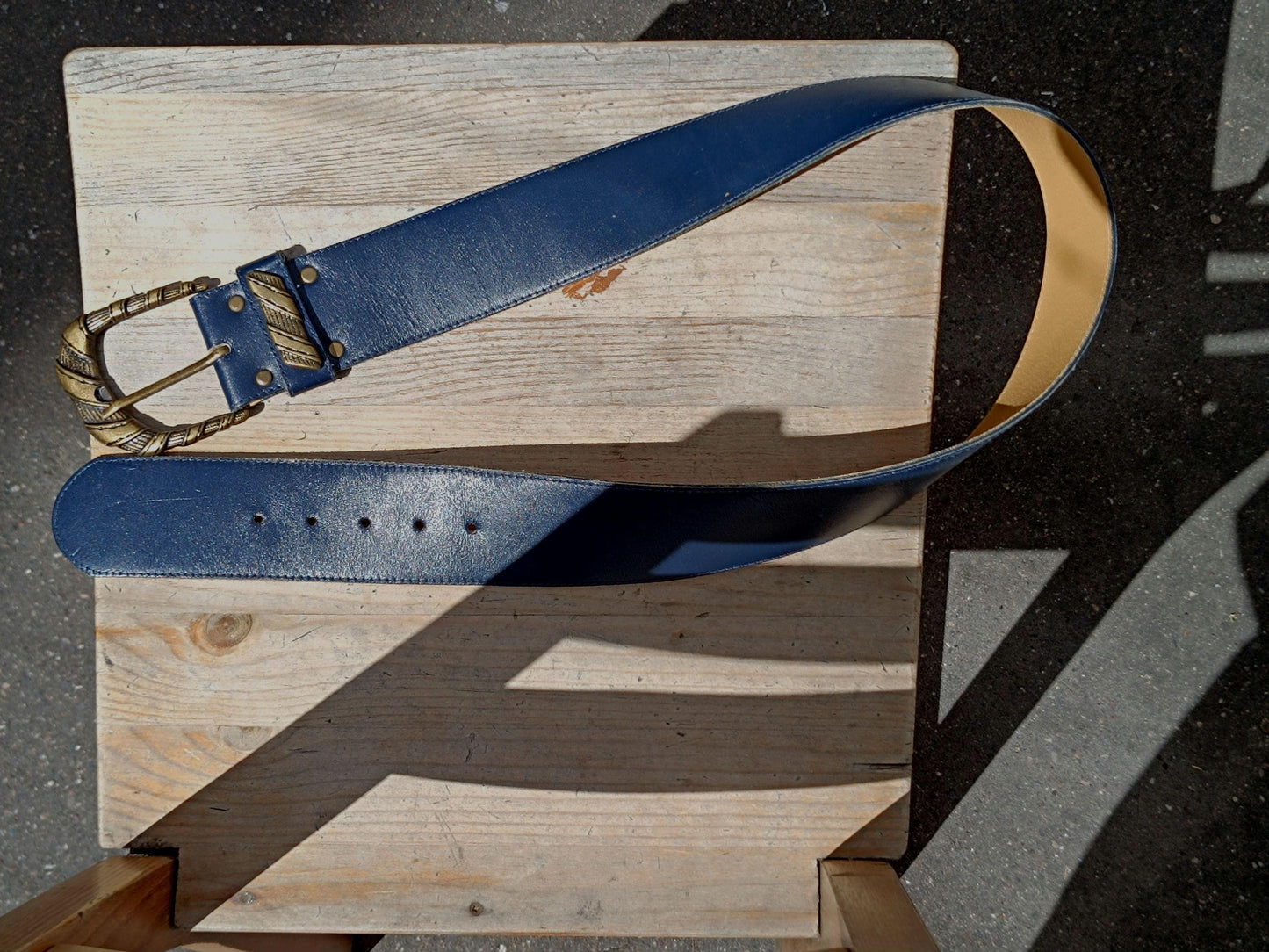 Vintage Leather Belt with Ornate Gold Buckle | Blue Wide Waist Cinch Belt | Retro Statement Accessory