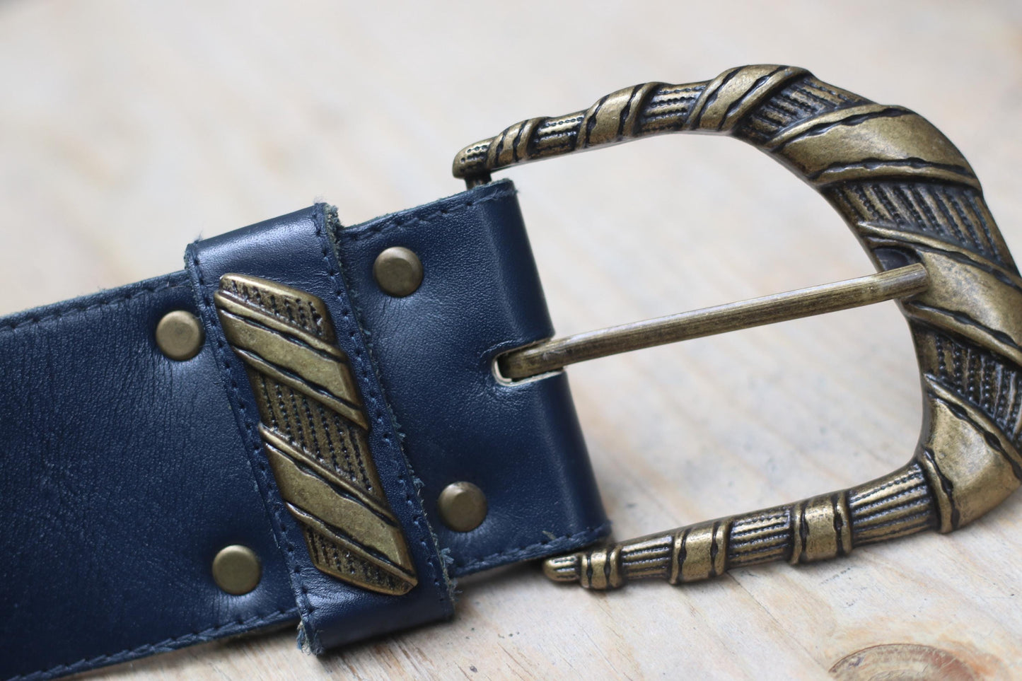 Vintage Leather Belt with Ornate Gold Buckle | Blue Wide Waist Cinch Belt | Retro Statement Accessory