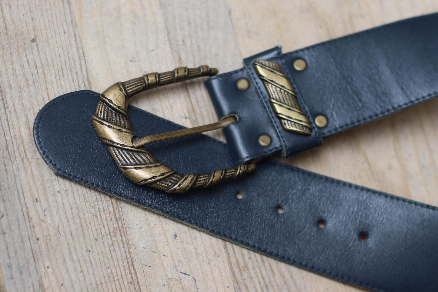 Vintage Leather Belt with Ornate Gold Buckle | Blue Wide Waist Cinch Belt | Retro Statement Accessory