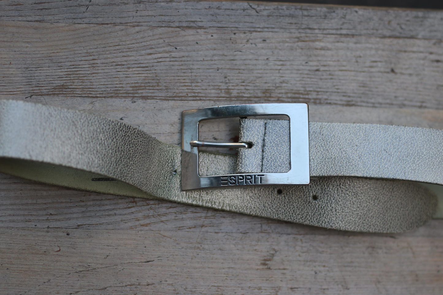 Y2K Metallic Leather Belt β Esprit Logo Buckle, Crackle Texture Silver Waist Acessory, 2000s Statement Piece