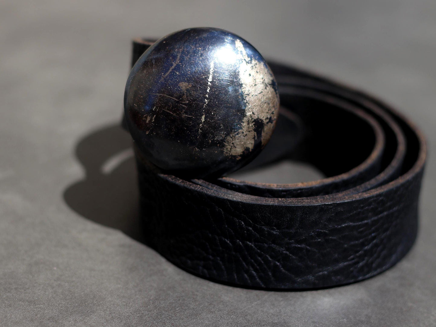 Vintage Black Leather Belt with Distressed Metal Buckle– 80s Rocker Western Biker Style – Statement Punk Grunge Accessory