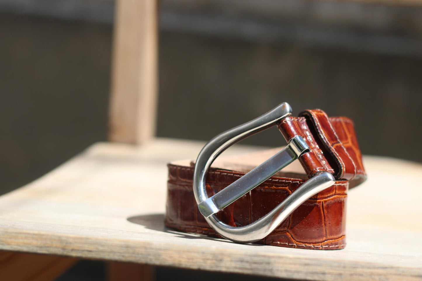 Vintage Croc-Embossed Cognac Leather Belt |