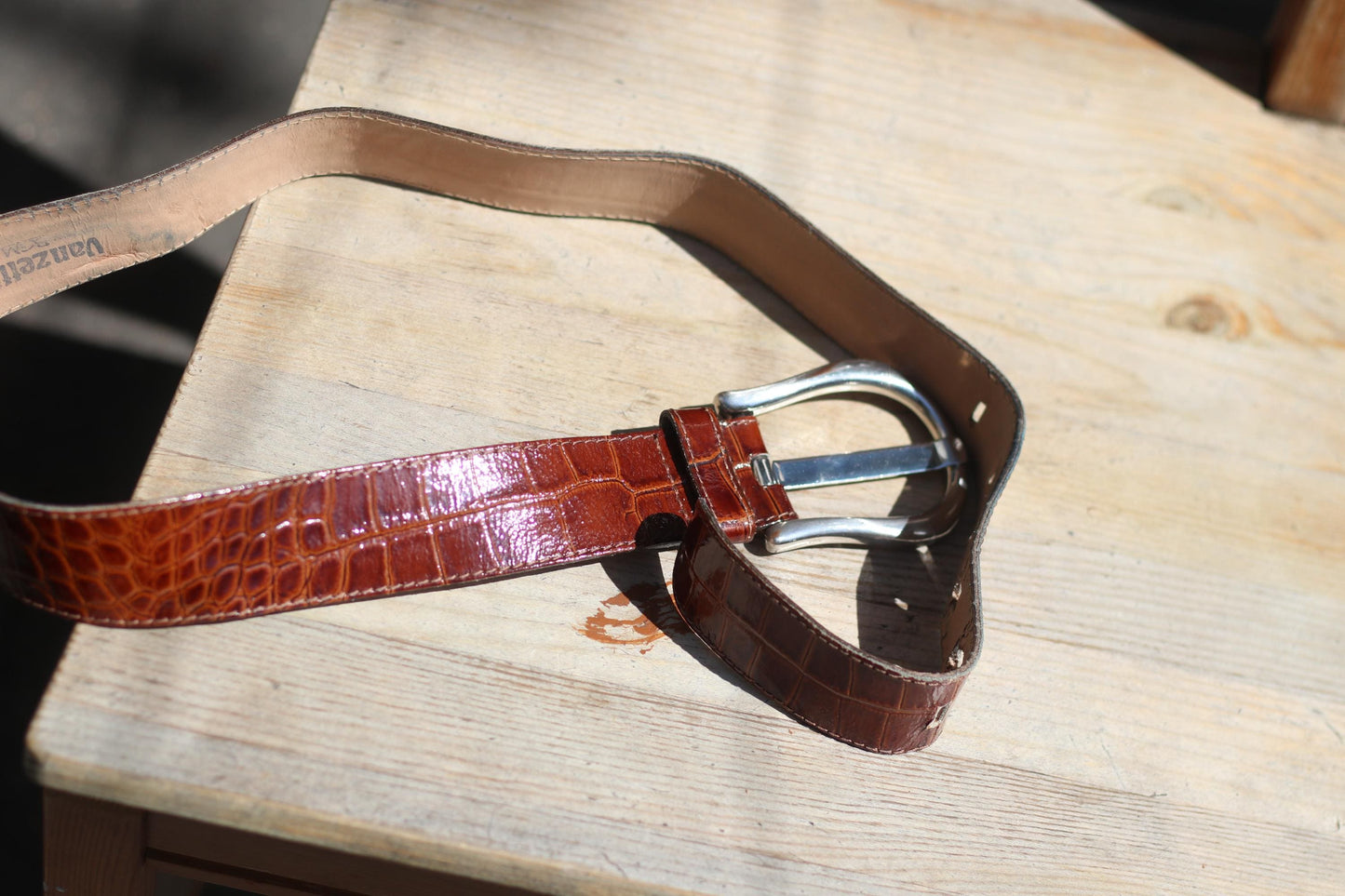 Vintage Croc-Embossed Cognac Leather Belt |
